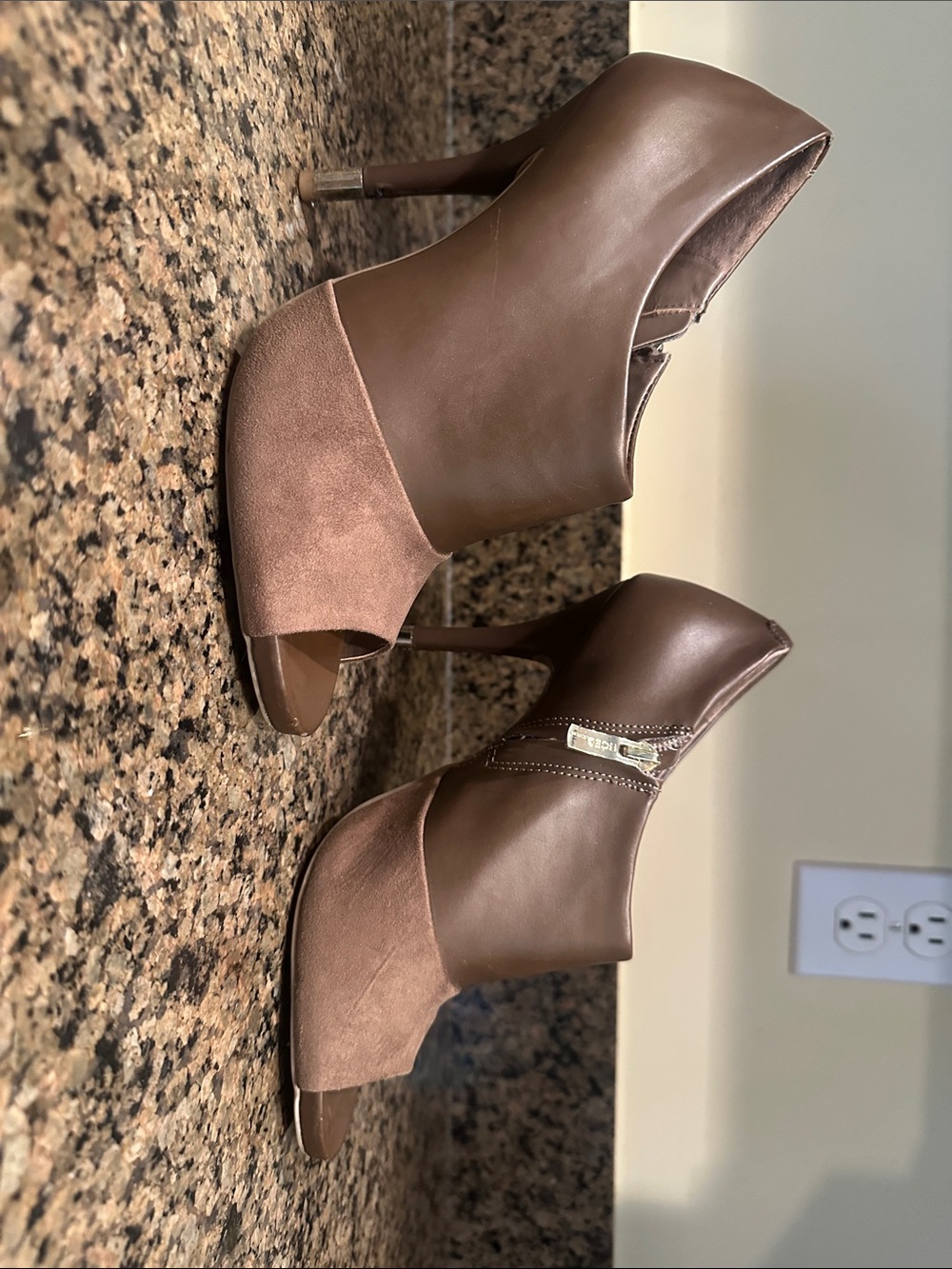 BCBGeneration Brown Leather and Suede Peep-Toe High Heel Booties